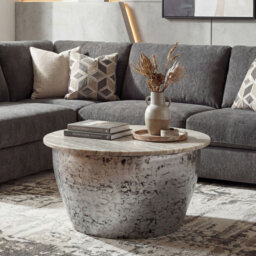 Round White Marble Coffee Table with Silver Iron Drum Base