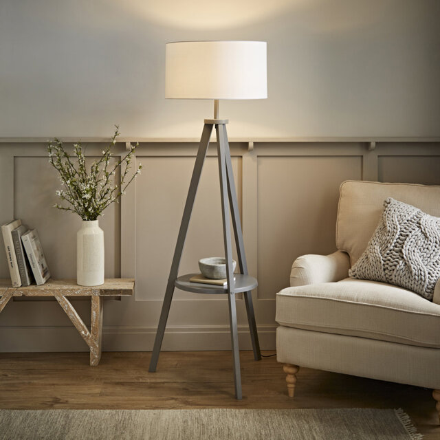 Ismay 149 cm Morrigan Wood Tripod Floor Lamp with Shelf & XL Reni Shade