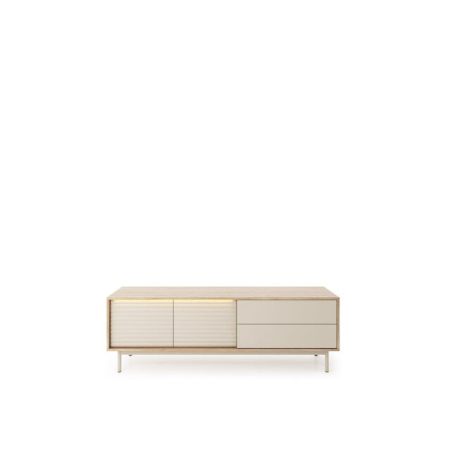 Decklin TV Cabinet 160cm - Cashmere & Oiled Oak, Push-To-Open Doors, Drawers & LED Lighting