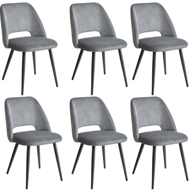 Set Of 6 Dining Chairs - Modern Minimalist Corduroy Upholstered Dining Chairs - Metal Legs - Grey