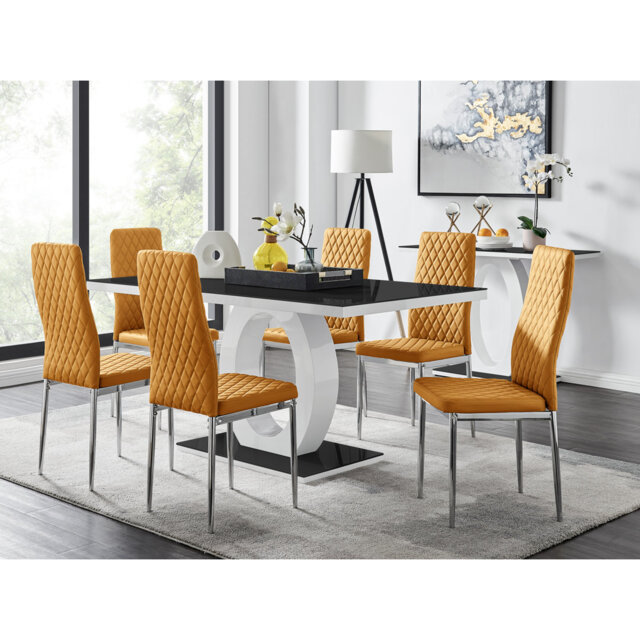 Carennac Modern High Gloss & Glass Dining Table with 6 Luxury Faux Leather Chairs