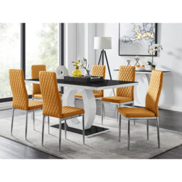 Carennac Modern High Gloss & Glass Dining Table with 6 Luxury Faux Leather Chairs
