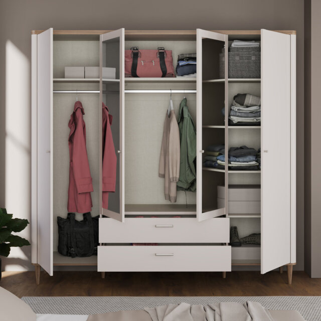 Subtle mid-century-modern wardrobe with 4 doors, 2 mirrors, 2 drawers, rounded edges, engineered wood, beige/ warm oak decor, 209.5 cm W x 200.5 cm H