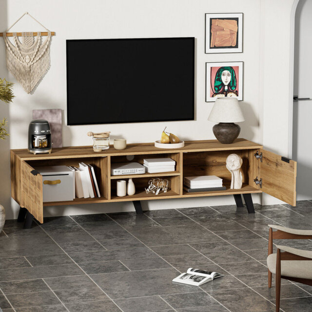 Modern TV Cabinet with Storage Space, TV Stand Unit with 2 Doors and 2 Open Shelves, TV Table for Living Room, 160.5*35.5*45 cm, Wood