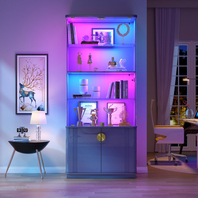 180cm H Display Cabinet with RGB Sensor Lights, 4-Tier Lockable Storage Cabinet