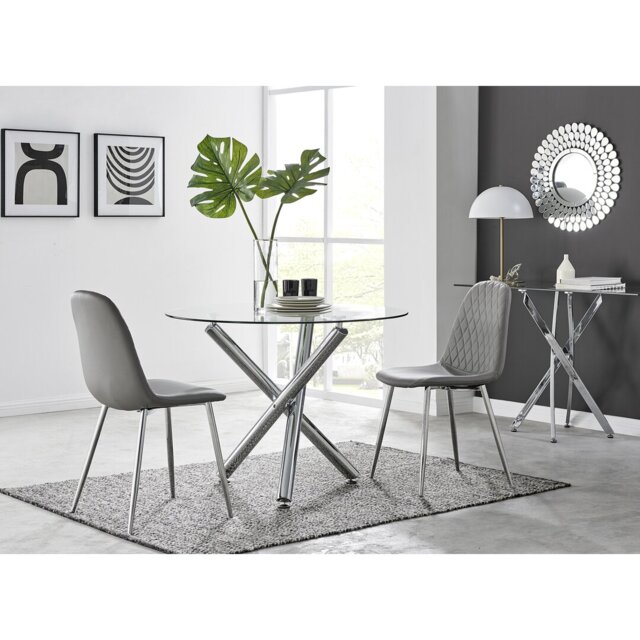 Seline Modern Round Dining Table Set in Glass and Chrome with 2 Luxury Faux Leather Dining Chairs