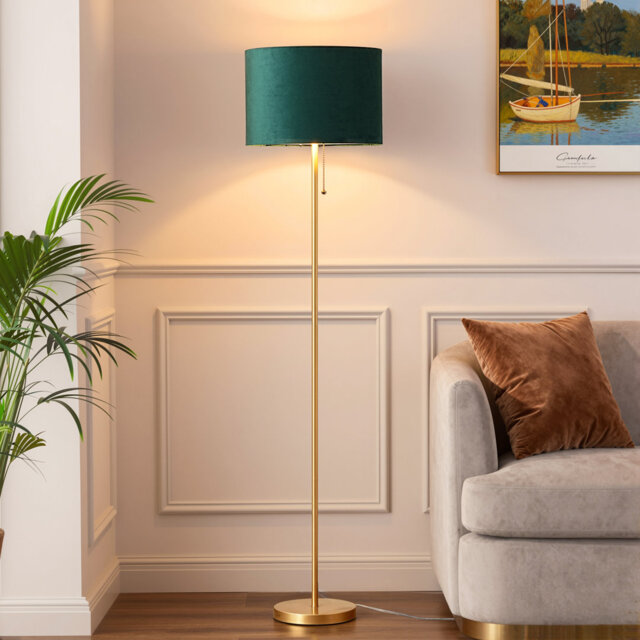 Gold Floor Lamp With Green Velvet Lampshade, Modern Tall Standing Lamp With Pull Chain Switch, Led Bulb Included