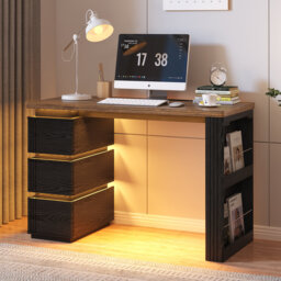 Computer Desk with LED Lights, Charging Ports, Drawers & Storage Shelves