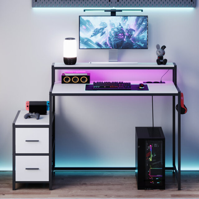 Computer Desk With Led Lights & Power Outlet, 2 Fabric Drawers, Gaming Desk For Study Room Home Office, White & Black (128w X 48d X 90h)