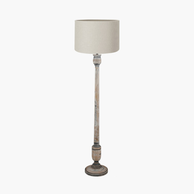 Captiva Grey Wash Mango Wood Floor Lamp Base with Lino 45cm White Self Lined Linen Cylinder Lampshade