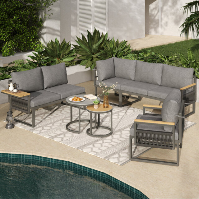 Outdoor Conversation Set 6 Places With 2 Sofas, 1 Chair And 1 Set Of Coffee Table Grey