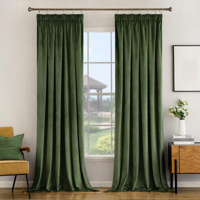 Pencil Pleat Velvet Green Curtains 229 x 229 cm for Living Room, 2 Panels