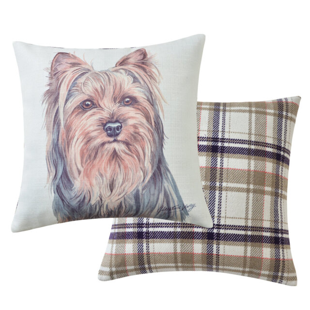 Yorkshire Terrier Cushion Watercolour And Check Print. 43 X 43Cm