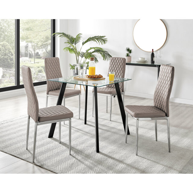 Scandinavian Style Glass and Metal Leg Square Dining Table Set - 4 Modern Faux Leather Dining Chairs