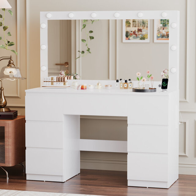 120cm Dressing Table With Mirror Bulb Light Makeup Vanity With Jewelry Cabinet