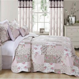Printed Bedspread Set with Vintage Floral Patchwork Design, Soft Microfiber Coverlet Set with Matching Pillow Shams for All Seasons