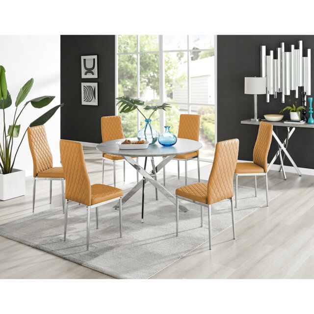 Tierra Modern Chrome Metal & Glass Round Dining Table Set with Quilted Faux Leather Chairs