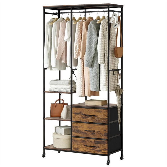 Heavy Duty Clothes Rail, Clothing Rack For Bedroom, Metal Open Wardrobe With Hanging Rail Storage Shelf Bedroom Organizer, Rustic Brown.