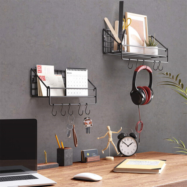 Wall shelves in industrial design, metal shelves, 15kg load capacity per shelf, set of 2 kitchen shelves with 10 hooks for the bedroom or living room