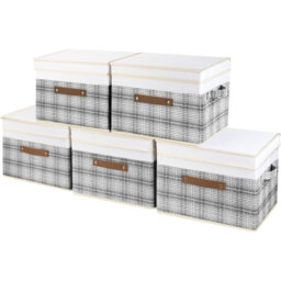 Collapsible Storage Box With Lid, Patchwork Design, Decorative, Fabric Storage Box For Clothes, Wardrobe Storage, 38X25x25 Cm, Set Of 5, Grey