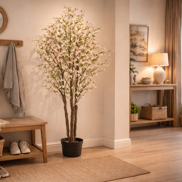 Fire Retardant Artificial Tree 210cm Faux Cherry Tree in Pot Liner
