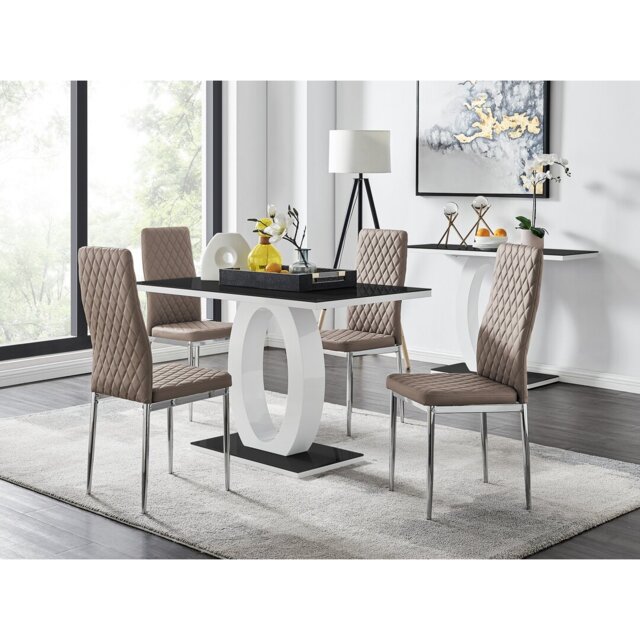 Scottsmoor High Gloss Halo Dining Table Set & 4 Luxury Faux Leather Dining Chairs - Modern Design