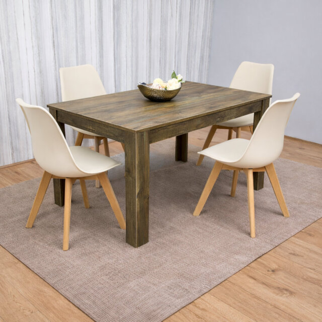 Modern Rustic Effect Wood Dining Table With 4 Cream Plastic Chairs Dining Room Furniture