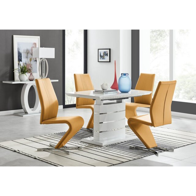 Renne Modern High Gloss Extendable Dining Table Set With 4 Modern Design Faux Leather Dining Chairs