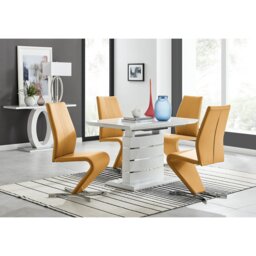 Renne Modern High Gloss Extendable Dining Table Set With 4 Modern Design Faux Leather Dining Chairs