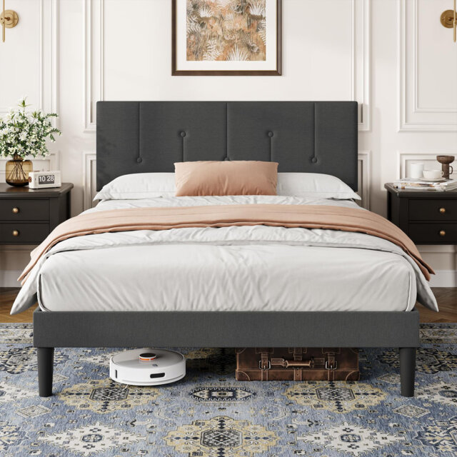 Bed Frame with Adjustable Linen Headboard, Solid Wooden Slats & Upholstered Platform, Easy Assembly