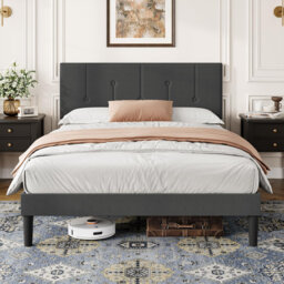Bed Frame with Adjustable Linen Headboard, Solid Wooden Slats & Upholstered Platform, Easy Assembly