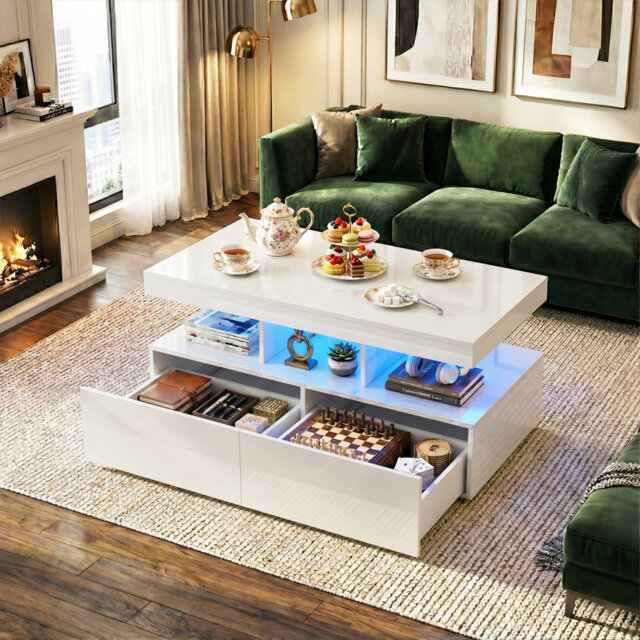 104cm W Modern High Gloss Coffee Table with RGB LED (UK plug & App-Control), 2 Large Storage Drawers & Open Shelf