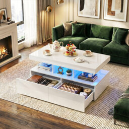 104cmW Modern UK High Gloss Coffee Table with RGB LED (App-Control), 2 Large Storage Drawers & Open Shelf