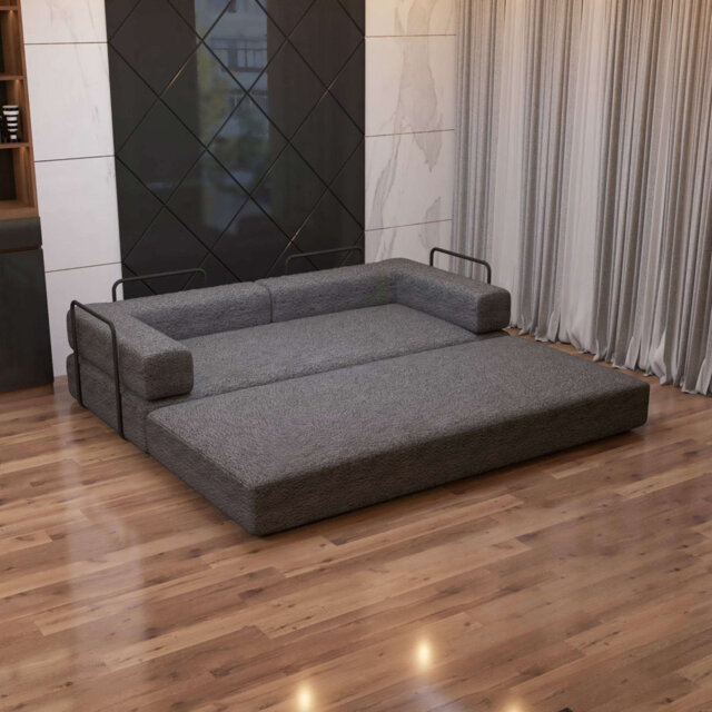 Smart Convertible Sofa Bed 3-Seater Sherpa Upholstered Futon with Side Metal Frame Support, No-Assembly Fold-Out Design – Available in Black, Grey, an