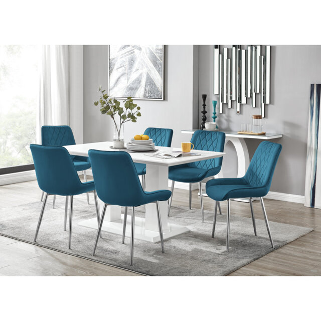 Edzard Double Pedestal High Gloss Dining Table Set with 6 Luxury Velvet Dining Chairs