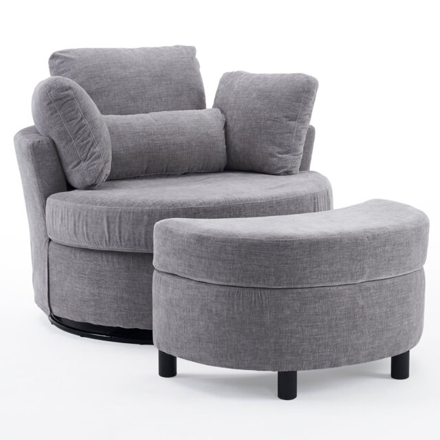 Oversised Upholstered Swivel Accent Chair With Footstool, Ivory Teddy