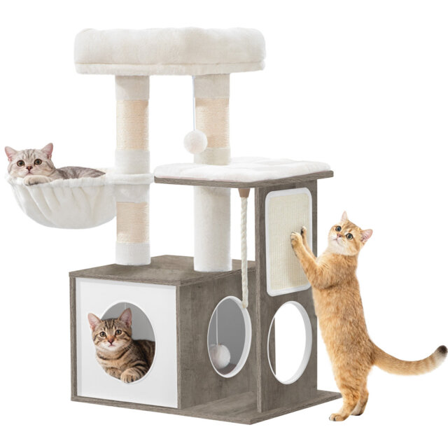 Cat Tree 85 cm, Wooden Cat Tree for Indoor Cats - 3 Scratching Posts, Removable Washable Mat, Cave, 2 Platforms, Sisal Rope, Basket, Pompoms