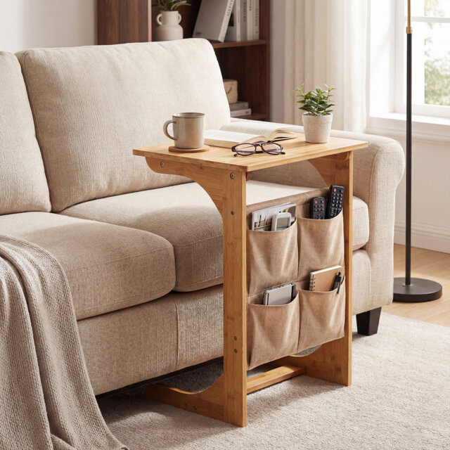 Bamboo Sofa Side Table Snack End Table Laptop Desk U-Shaped Bedroom Reading Writing Desk W/ Storage Bag