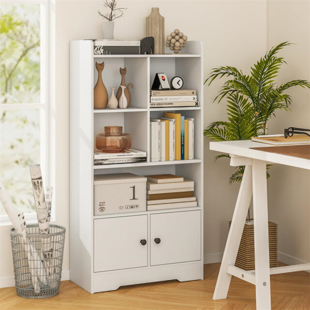 4-Tier Wooden Bookshelf, Modern Bookcase Storage Cabinet With 2 Doors And Open Shelves, Freestanding Display Shelf Storage Unit For Living Room Study