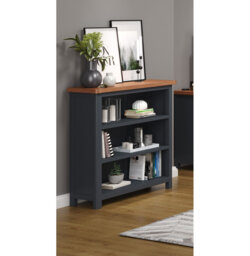 Aulay tall bookcase midnight blue with wood top