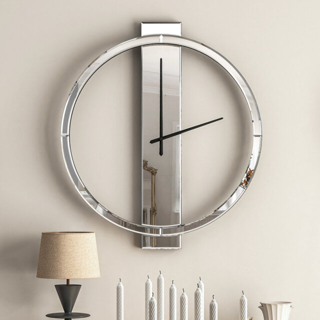 Glass Wall Clock Mirrored Round Accent Clock 60x68cm