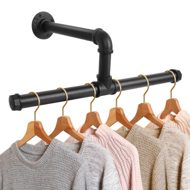 Wall Mounted Industrial Pipe Clothes Rail, Towel Hanging T-Bar Detachable Wall Mounted Clothes Rack