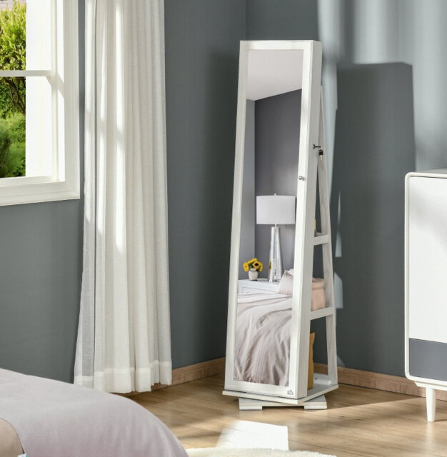 White 360° Swivel Jewelry Cabinet, Freestanding Full Length Mirror with Lockable Storage, Built-in Makeup Mirror and Storage Shelves, Multi-functional
