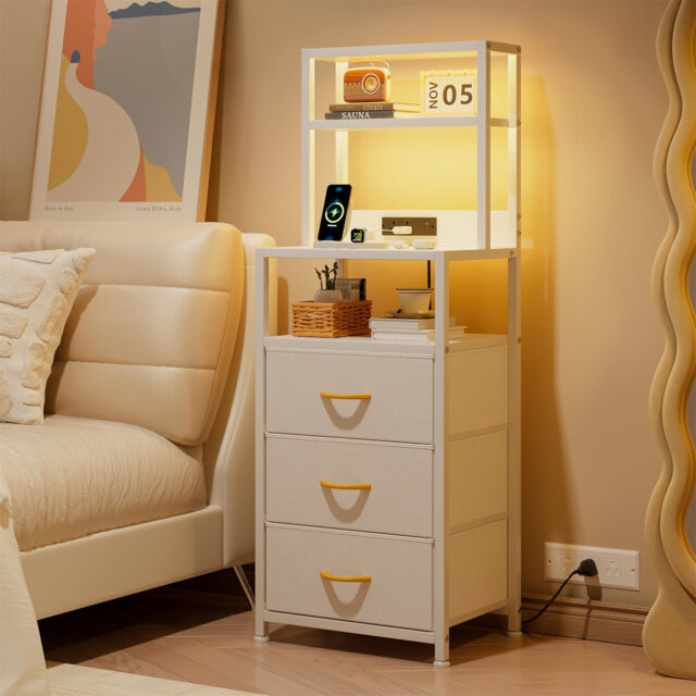 Bedside Table With 3 Drawers And Charging Station, Small Nightstand For Bedroom, Chest Of Drawers Bedroom, Storage Drawers For Living Room, Hallway