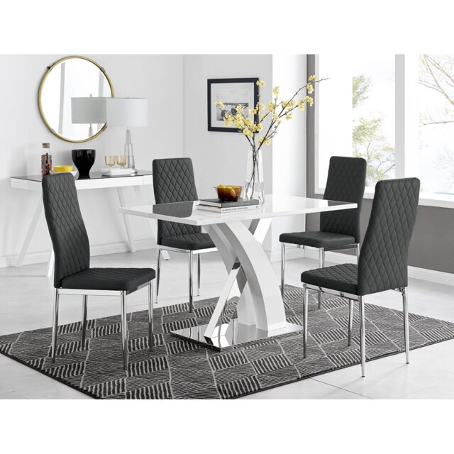 Marietta Chrome Metal & White High Gloss Dining Table Set - 4 Soft Touch Faux Leather Dining Chairs