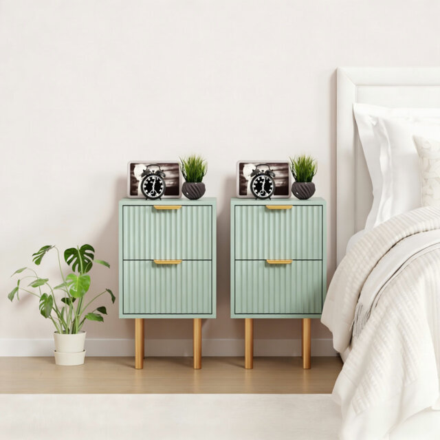 Set Of 2 Nightstand,Modern Fluted Bedside Table With 2 Drawers & Gold Metal Handles & Legs,Green End Table For Bedroom, Living Room