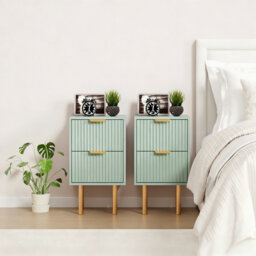 Set Of 2 Nightstand,Modern Fluted Bedside Table With 2 Drawers & Gold Metal Handles & Legs,Green End Table For Bedroom, Living Room