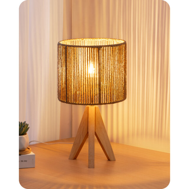 36 CM  Wood Tripod Table Lamp with Paper Lampshade, Led Bulb Included