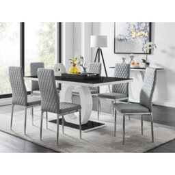 Carennac Modern High Gloss & Glass Dining Table with 6 Luxury Faux Leather Chairs