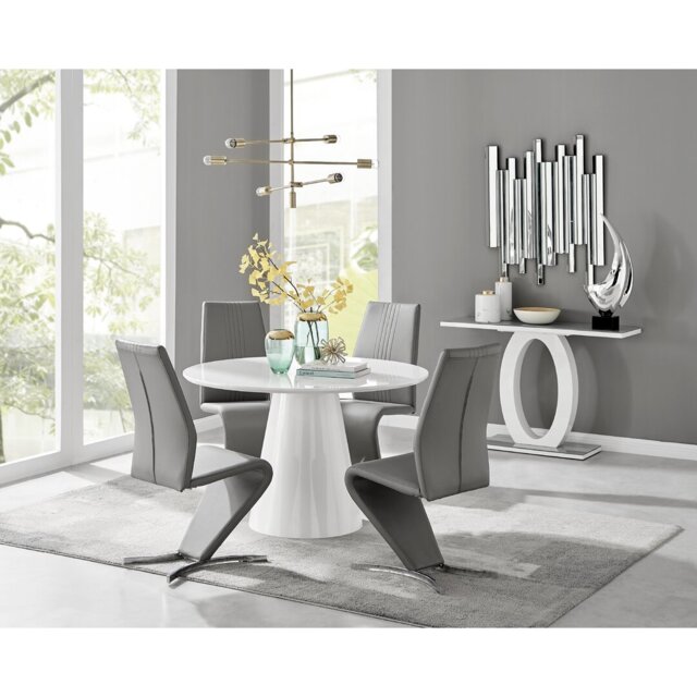 Edzard Statement Pedestal Round Dining Table Set & 4 Luxury Faux Leather Dining Chairs
